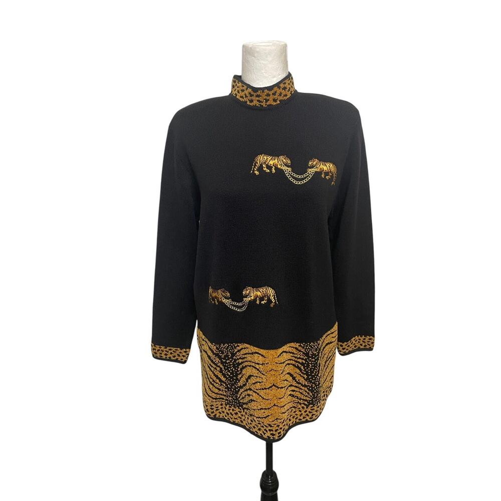 Vintage 80’s Sweater Dress Mini Black Gold Tigers Wool Blend Old Money Medium